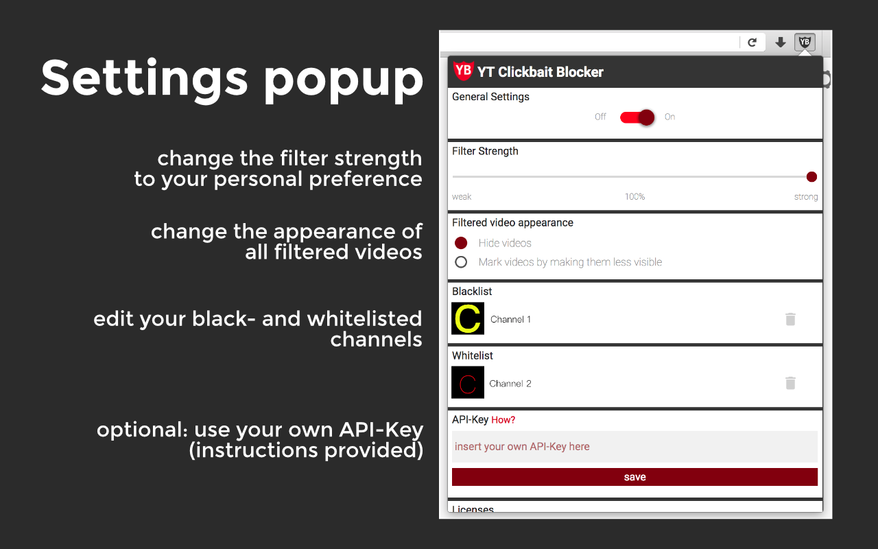Image and explanation of the settings popup
