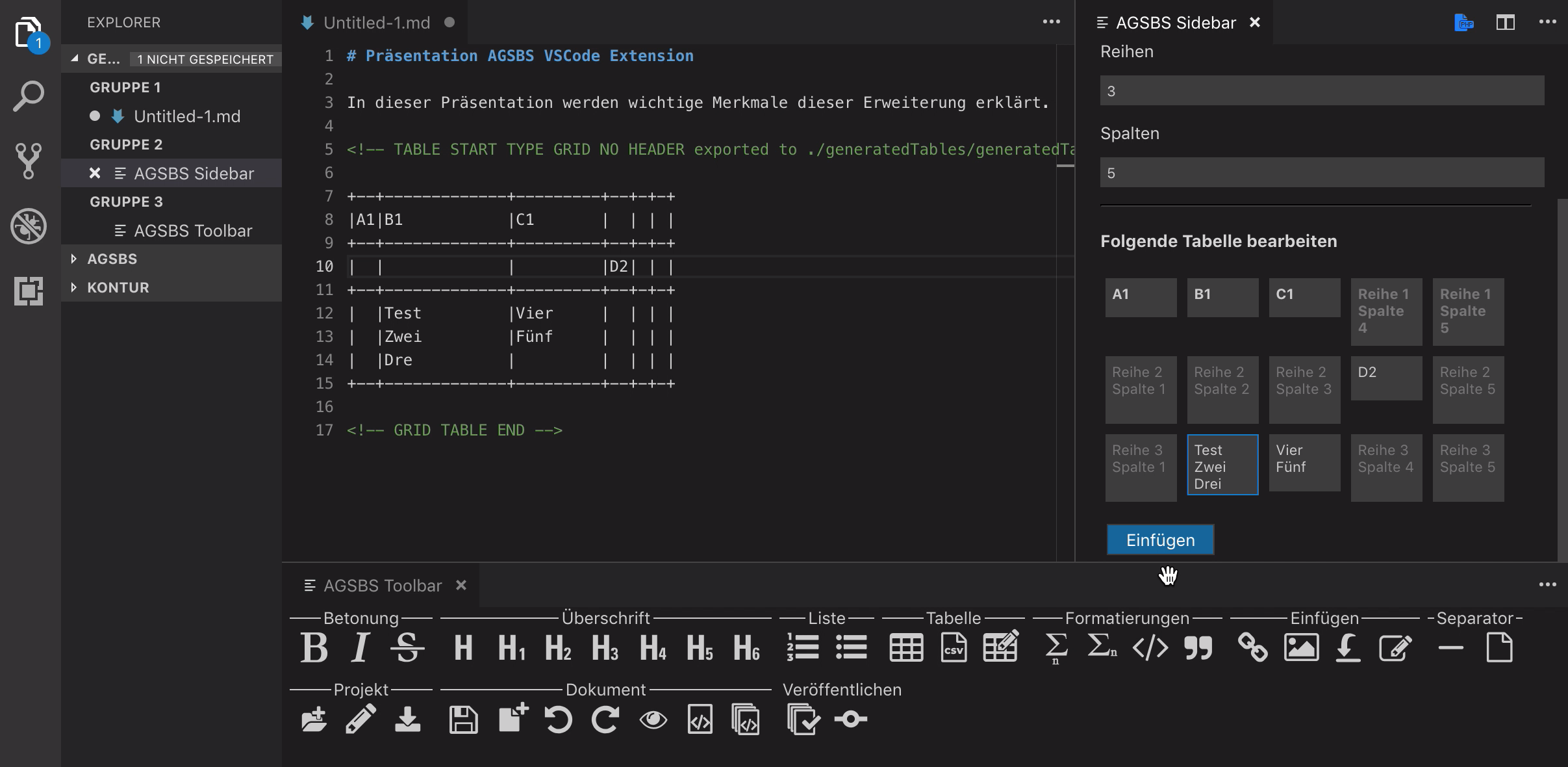 Image of Visual Studio Code with the AGSBS extension, how it enables to create and edit tables